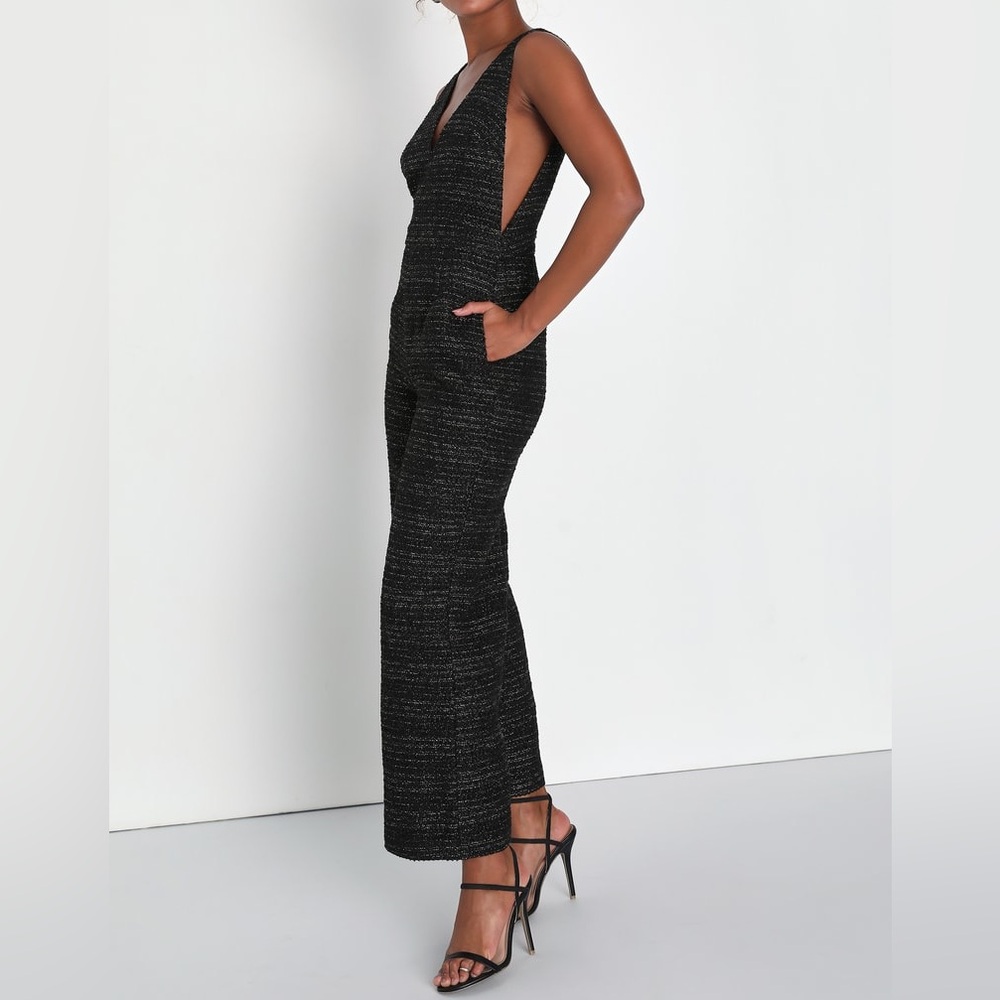 LuLu’s Officially Exceptional Black Tweed Lurex Wide-Leg Jumpsuit Womens Medium